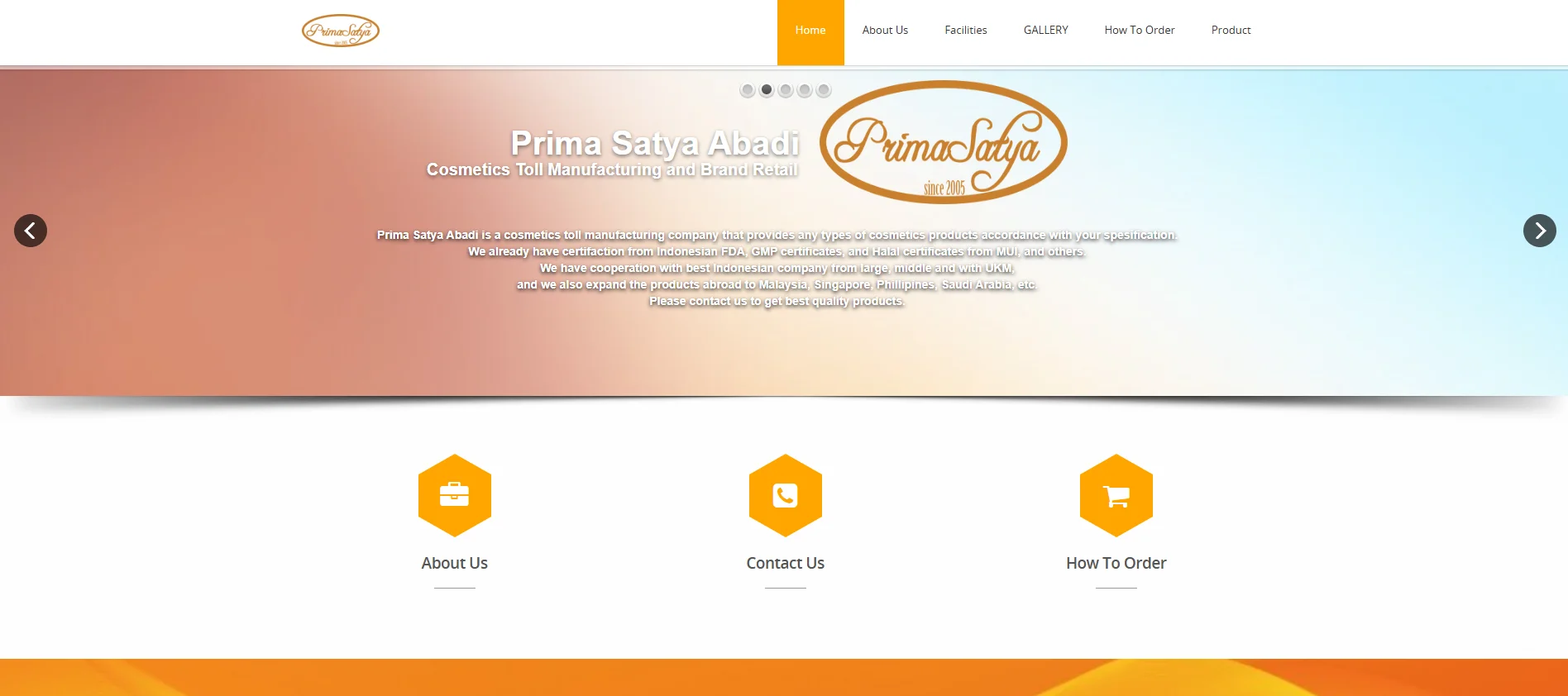 Prima Satya Abadi website homepage showing company details, services like cosmetics toll manufacturing and brand retail, navigation menu, and information sections.
